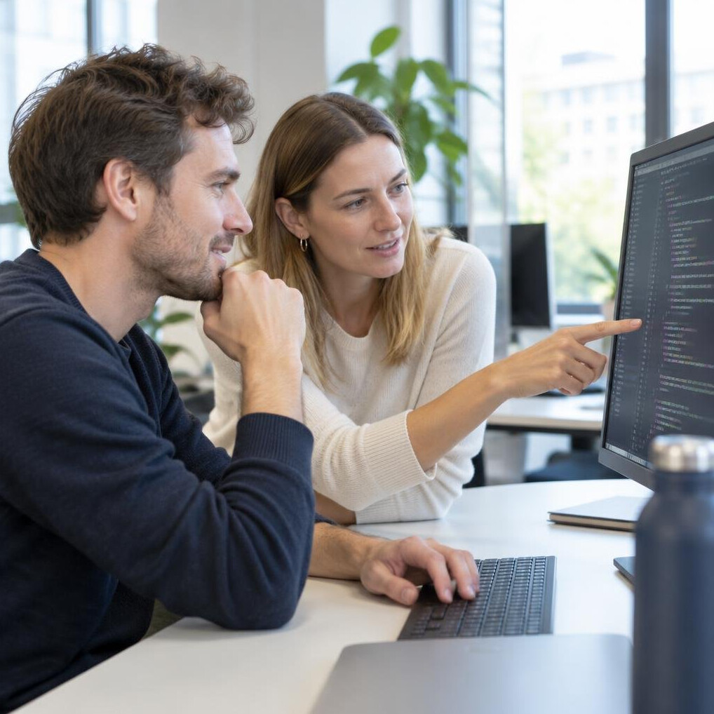 Two colleagues reviewing code together on a monitor