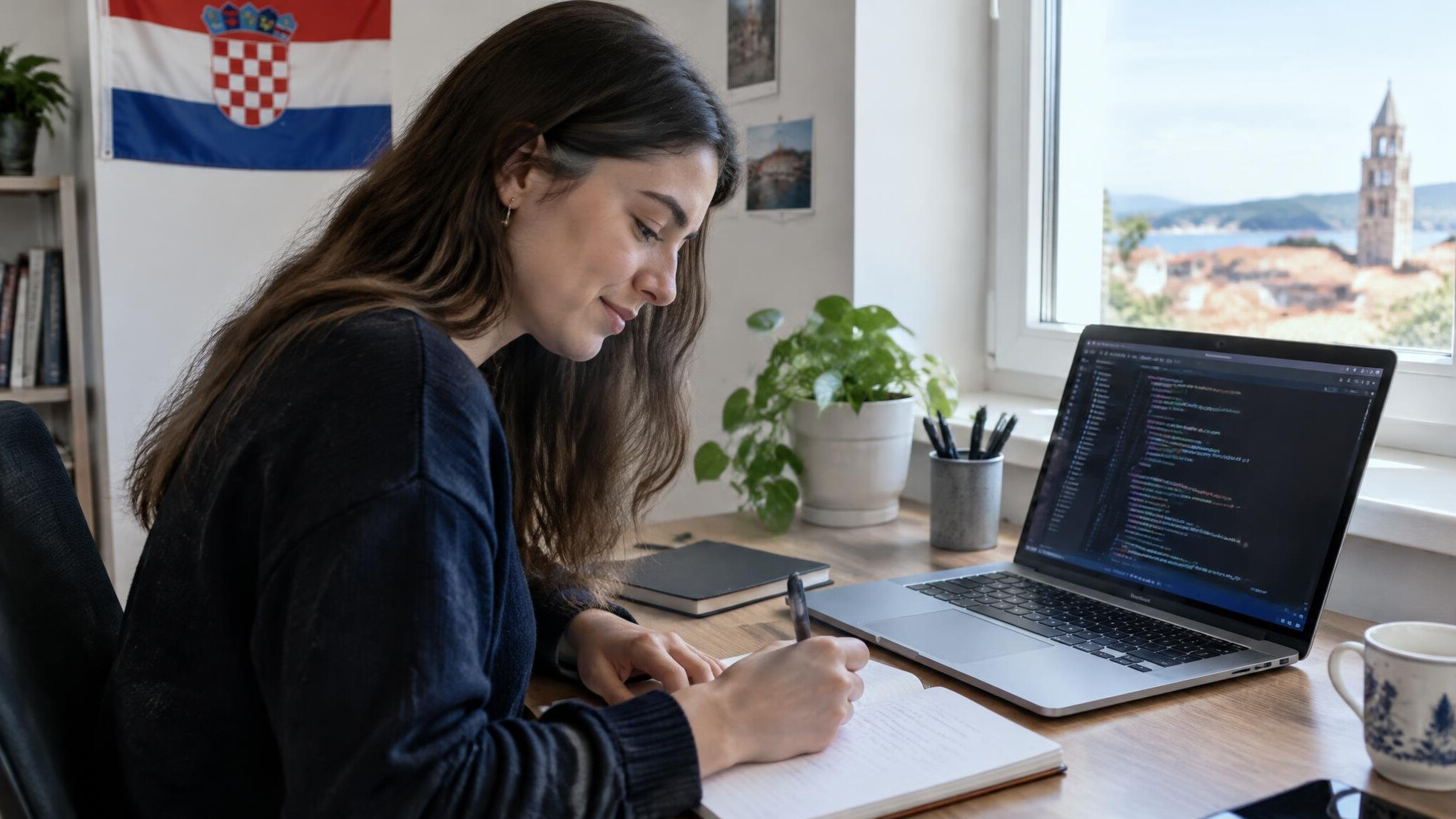 Person writing notes next to an open laptop with code on screen
