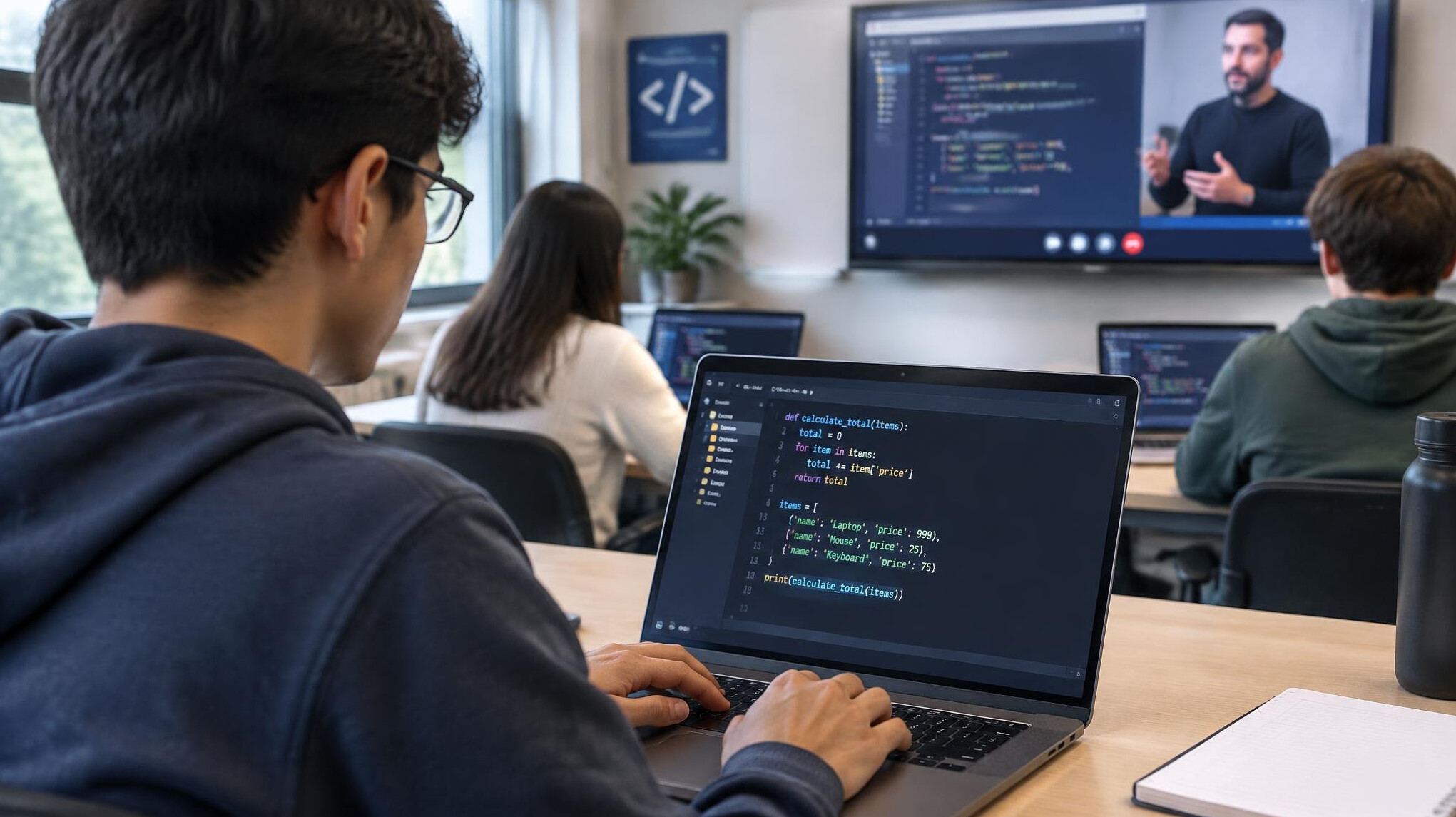 students learning coding in classroom