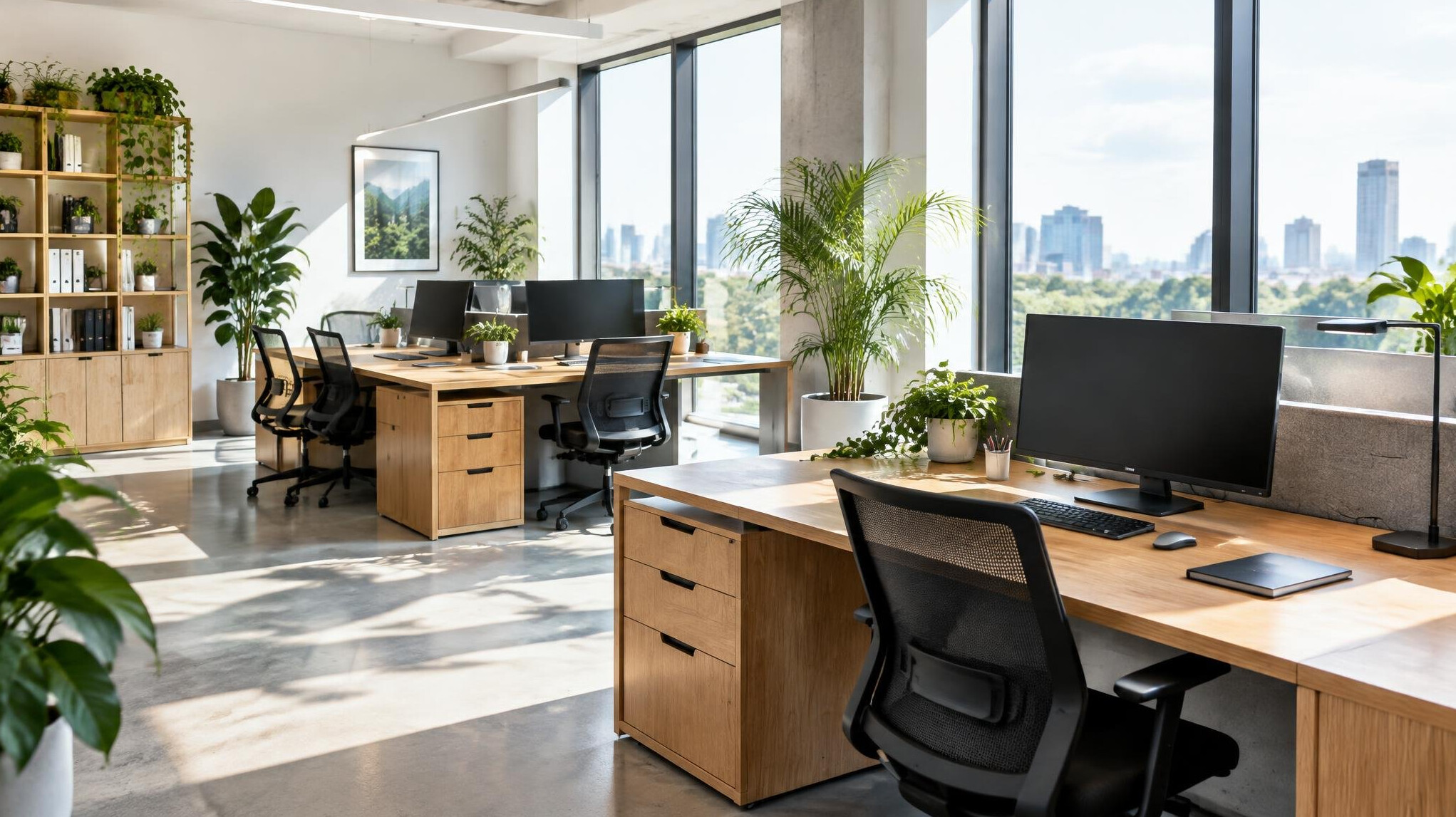 Bright modern office workspace with desks and plants