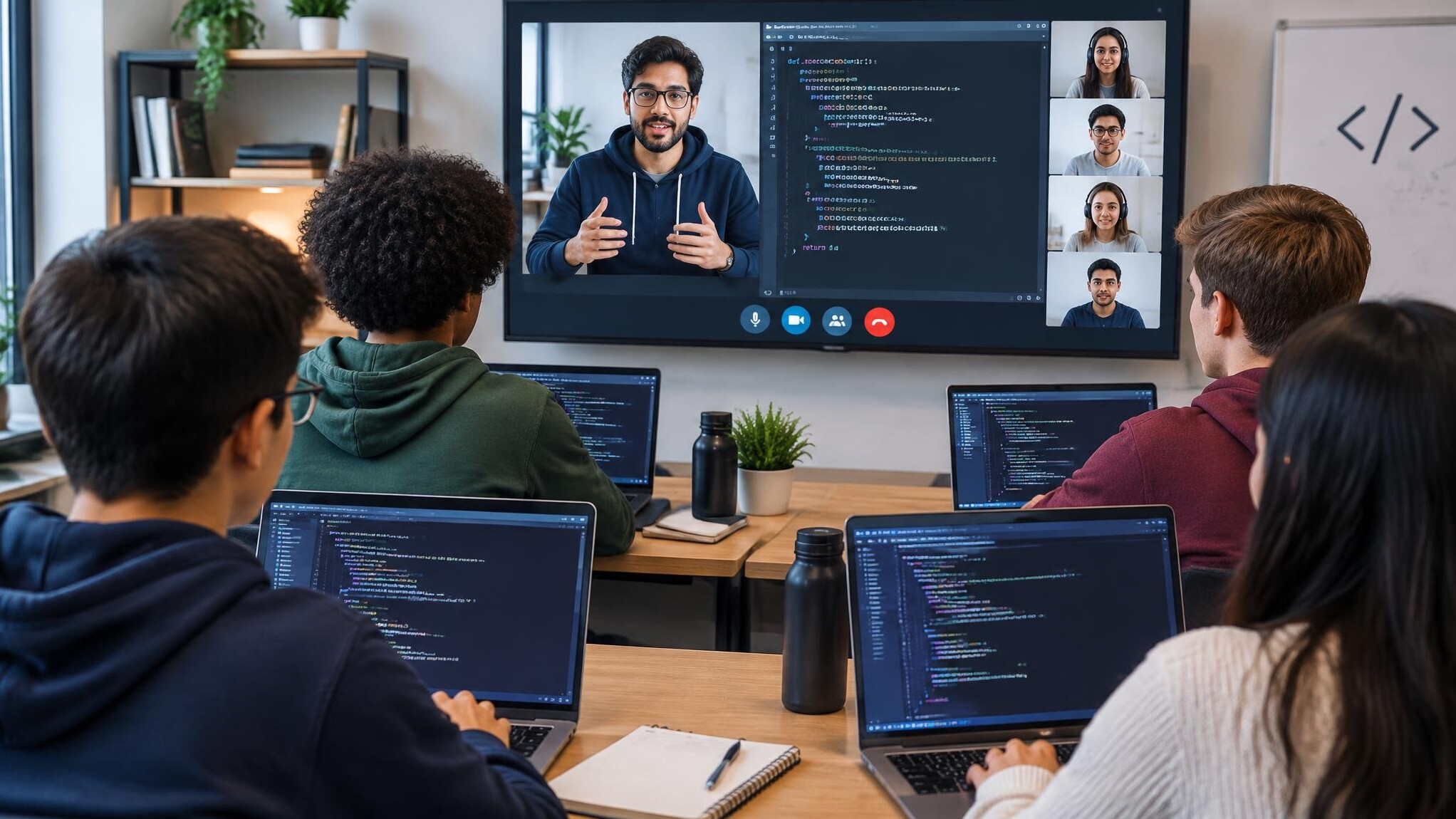 students in online coding class
