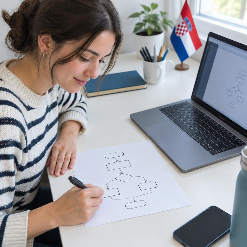 Person sketching a diagram on paper next to a laptop
